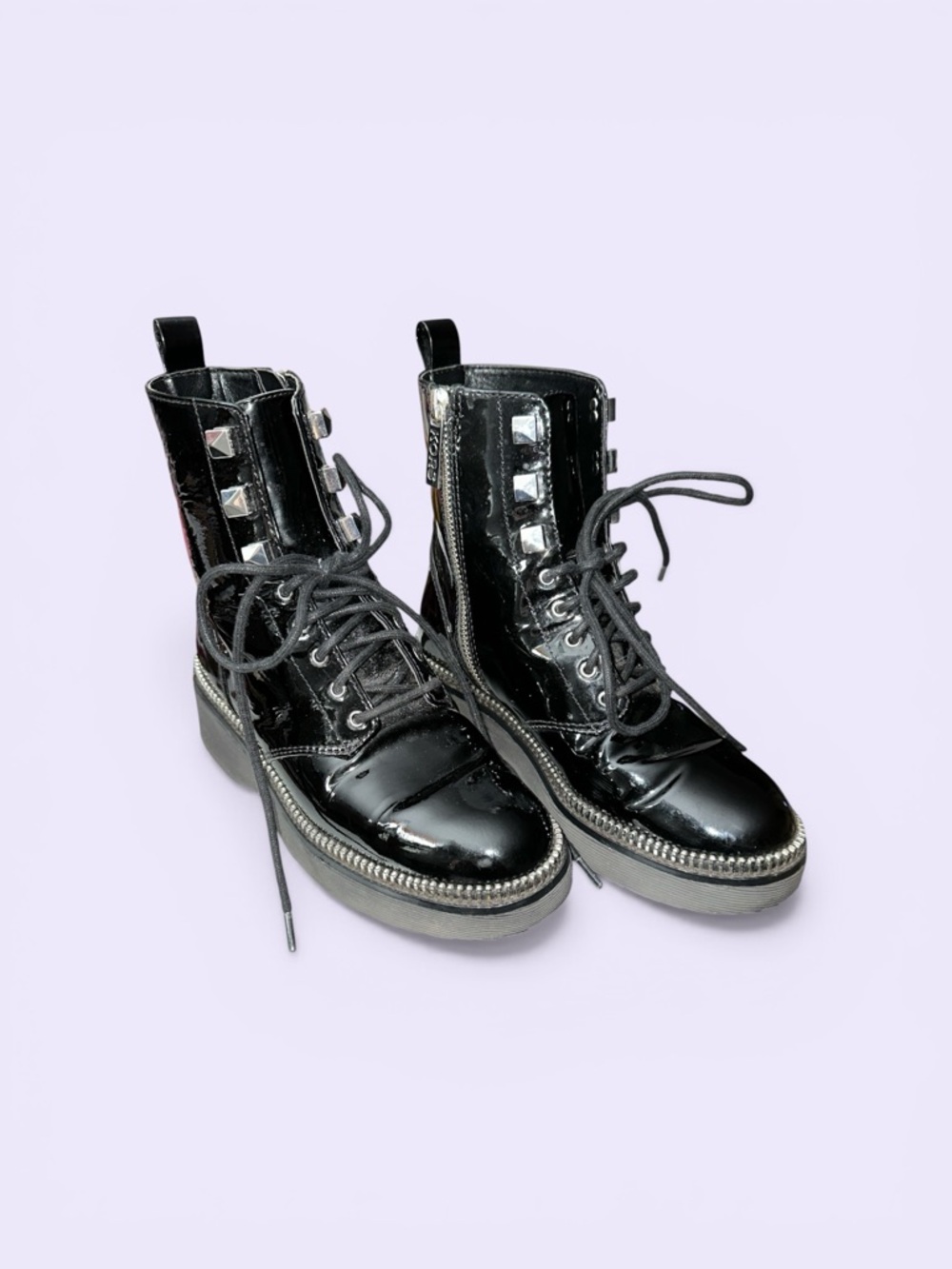 MICHAEL Michael Kors Black Patent Leather Lace-Up‎ Combat Boots with Metal Trim